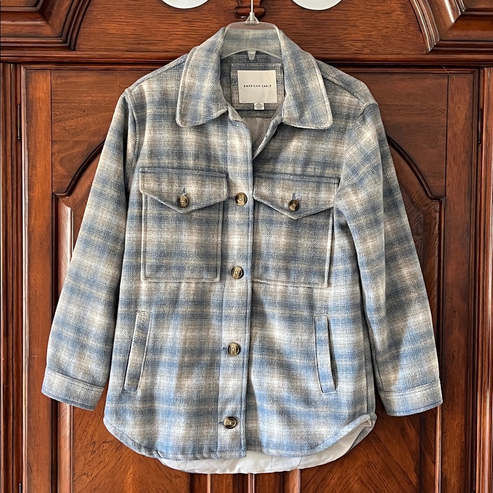 American Eagle Blue Brushed Plaid Button Front Oversized Shacket w/Pockets XXS